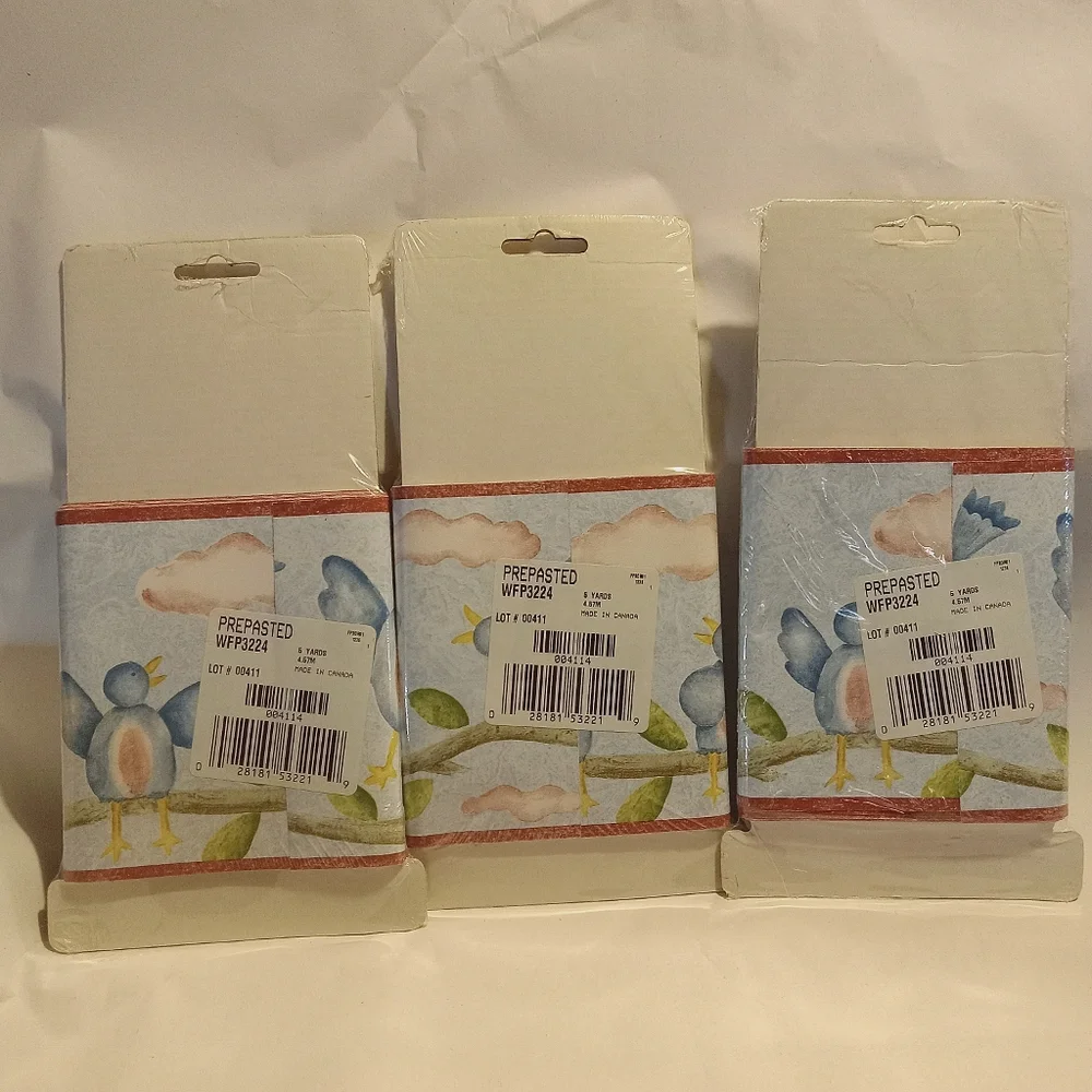 LOT OF 3 Sunworthy Blue Birds Prepasted Borders 5Yd X 5.25” Each NEW SEALED